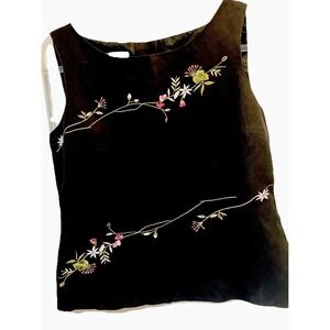 Vintage Women's 12 Embroidered Black Linen Like‎ Top Button Back Floral Unique